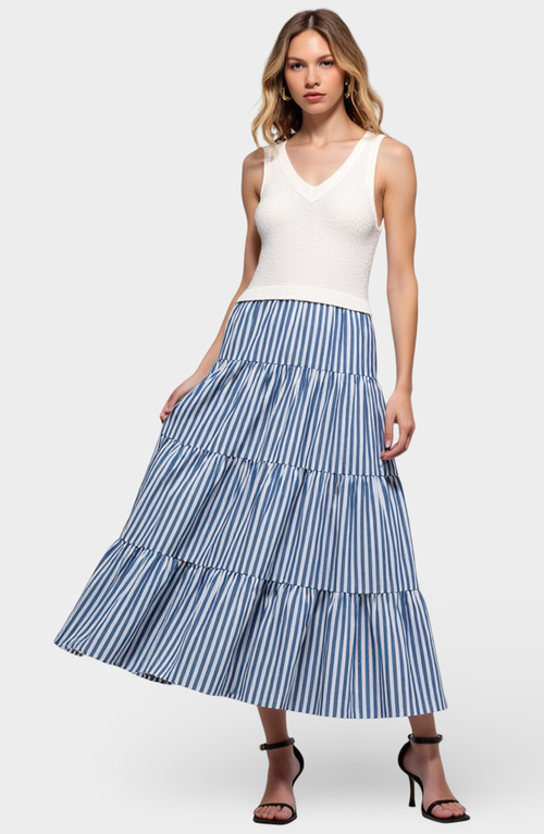 Modenaire Striped Tiered A-line Maxi Skirt With Side Pockets And Relaxed Fit In Blue