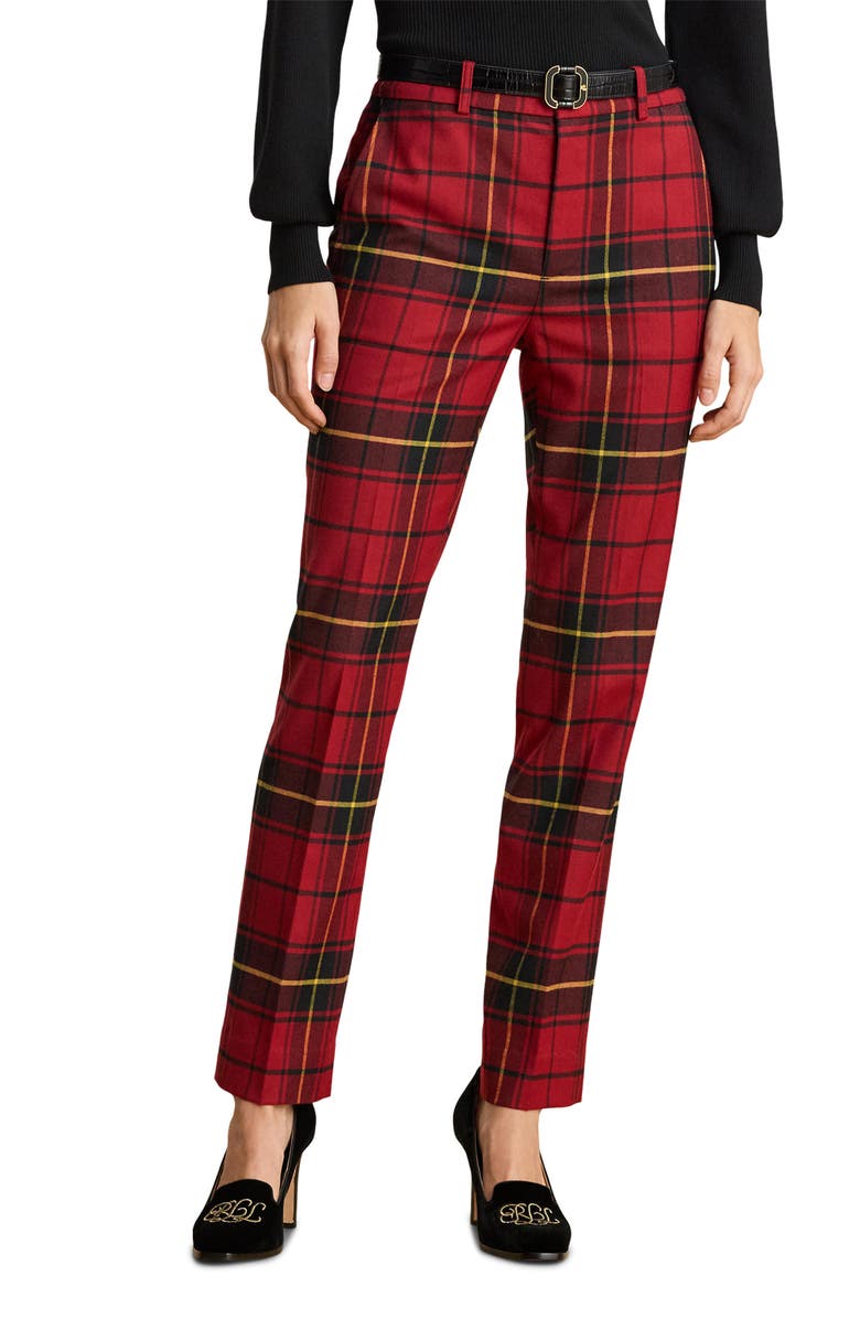 Lauren Ralph Lauren Plaid Stretch Wool Blend Ankle Straight Leg Pants, Main, color, Red/ Black/ Yellow Multi