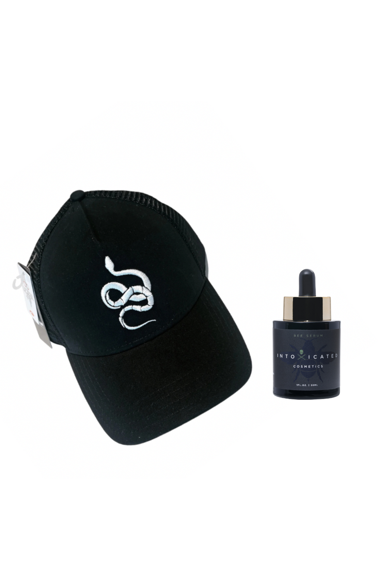 Intoxicated Cosmetics Bee Serum + Intoxicated Cosmetics Hat Bundle | 1 fl oz/ 30 ml | Anti-Aging Formula with Vegan Snake Peptides | Hydrating Hyaluronic Acid | Niacinamide for Radiant Skin Repair, Main, color, NO COLOR