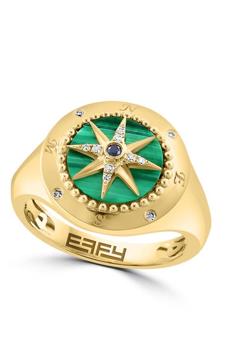 14K Yellow Gold Malachite Compass Ring with Black & White Diamonds