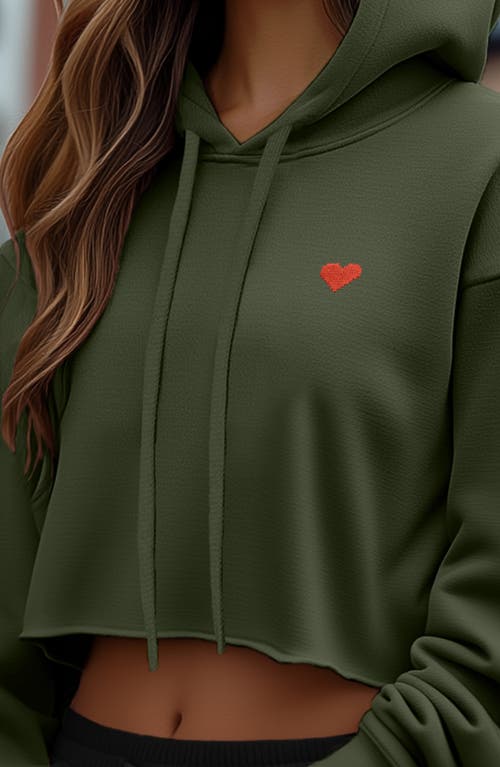 Dalix Pixel Heart Cropped Hoodie In Military Green