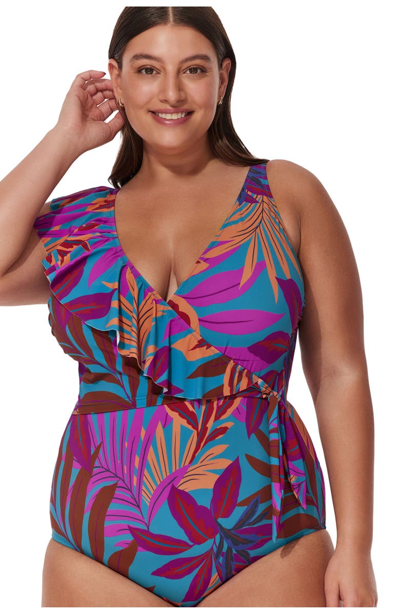 Gottex Plantopia Plus Size V-Neck Surplice Ruffle One Piece, Alternate, color, Multi-Teal
