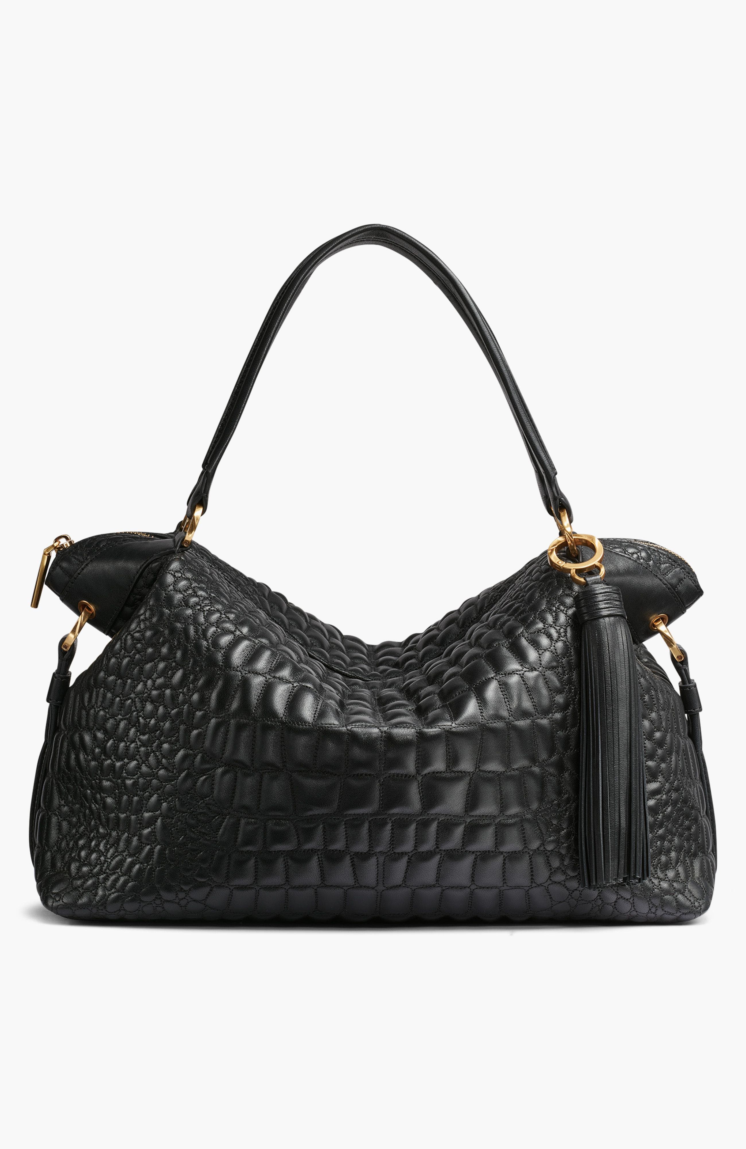 Donna Karan New York Glenwood Quilted Croc Satchel, Main, color, Black/Gold