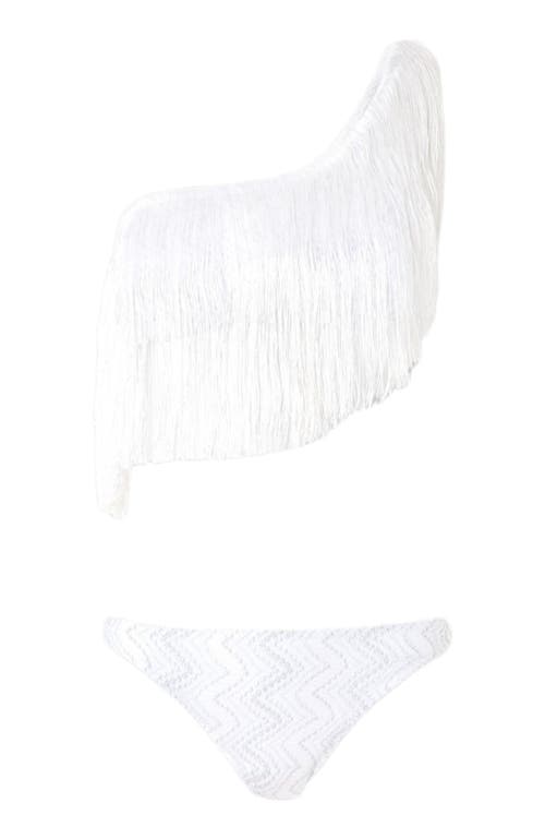 Missoni One-shoulder Zigzag Lamé Viscose Bikini With Fringes In White