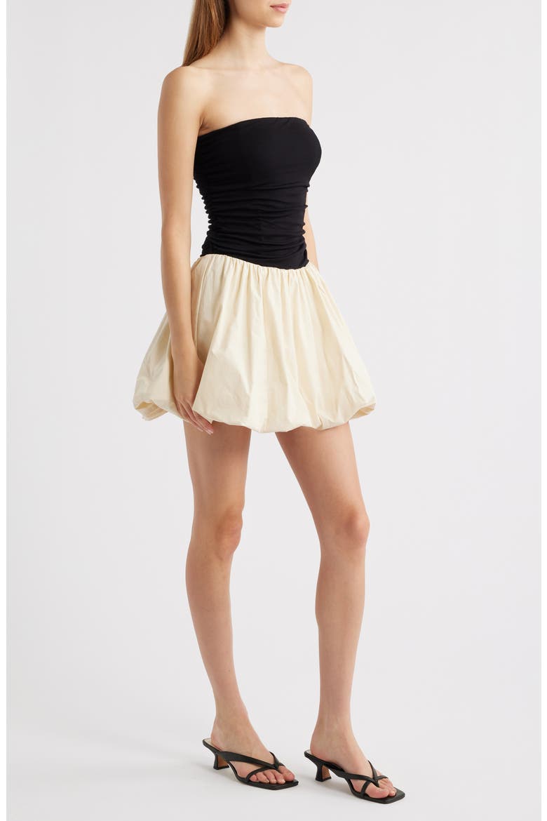 Strapless Bubble Hem Mixed Media Minidress, Alternate, color, BLACK