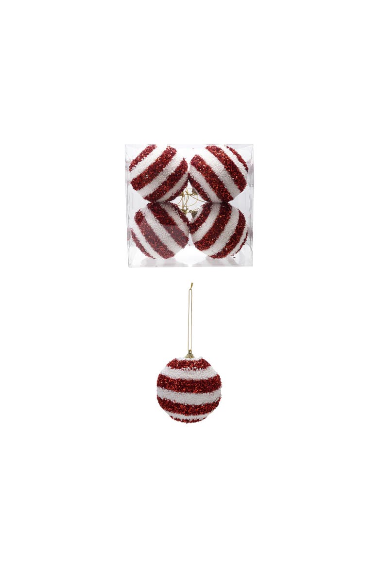 Foam Ball Striped Ornaments with Beads & Tinsel, Red & White, Set of 4, Main, color, Red & White