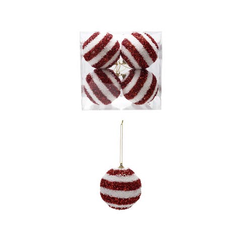 Foam Ball Striped Ornaments with Beads & Tinsel, Red & White, Set of 4