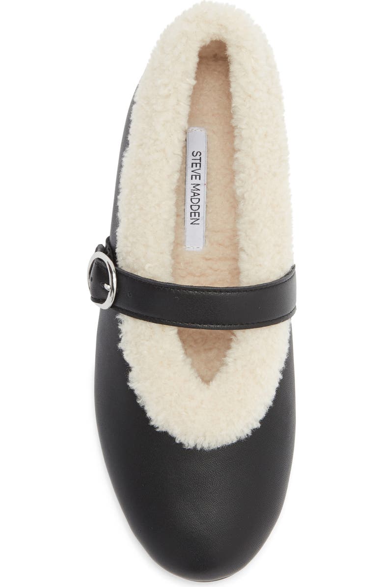 Steve Madden Lodge Faux Shearling Lined Mary Jane Flat, Alternate, color, Black Leather