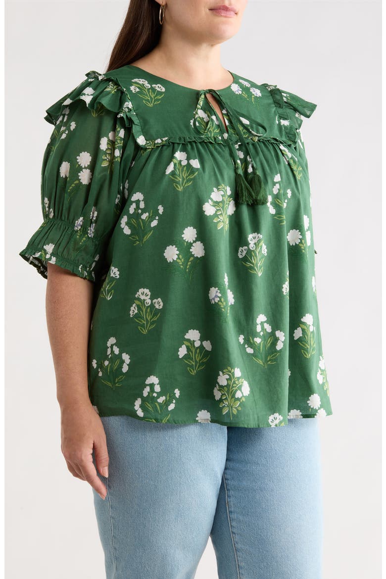 Kestrel Auria Floral Ruffle Puff Sleeve Cotton Top, Alternate, color, CREAM-GREEN
