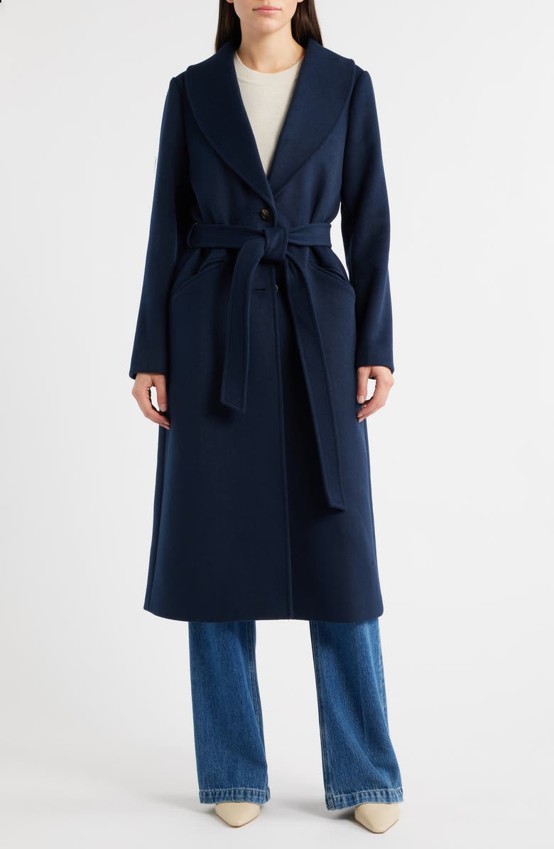 Michael Kors Belted Longline Coat with Faux Fur Collar, Alternate, color, Midnight