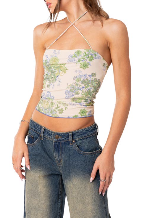 Garden Party Floral Print Mesh Top