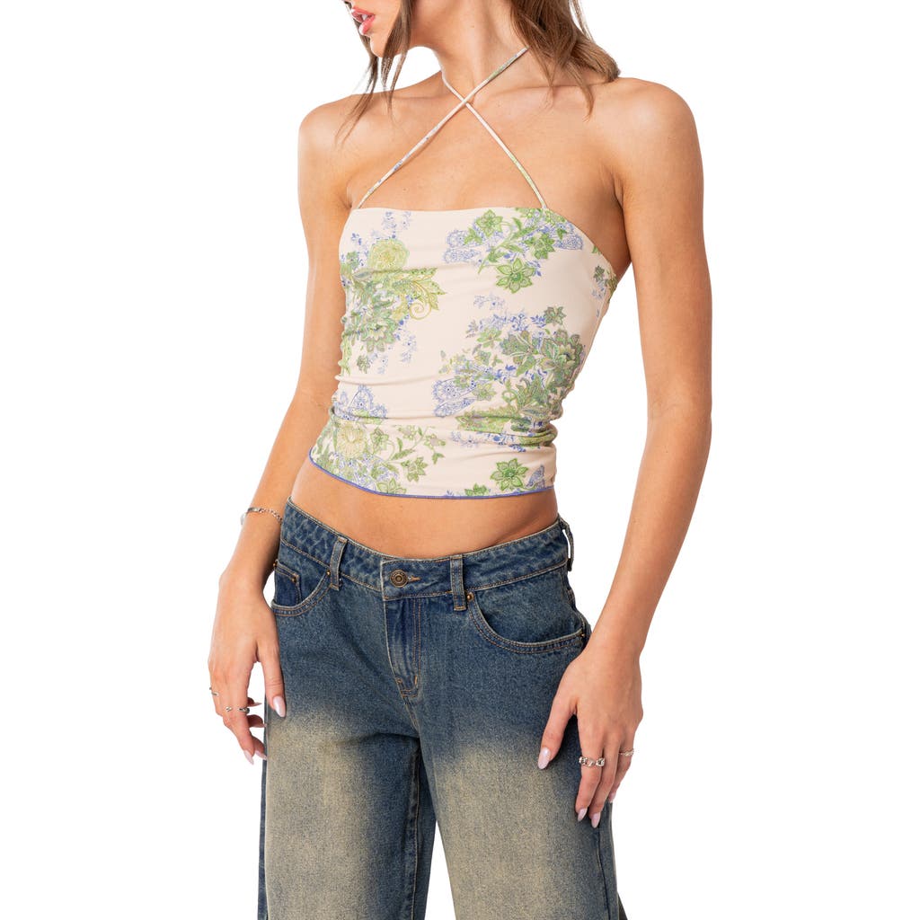 EDIKTED Garden Party Floral Print Mesh Top in Ivory Mix at Nordstrom, Size X-Large