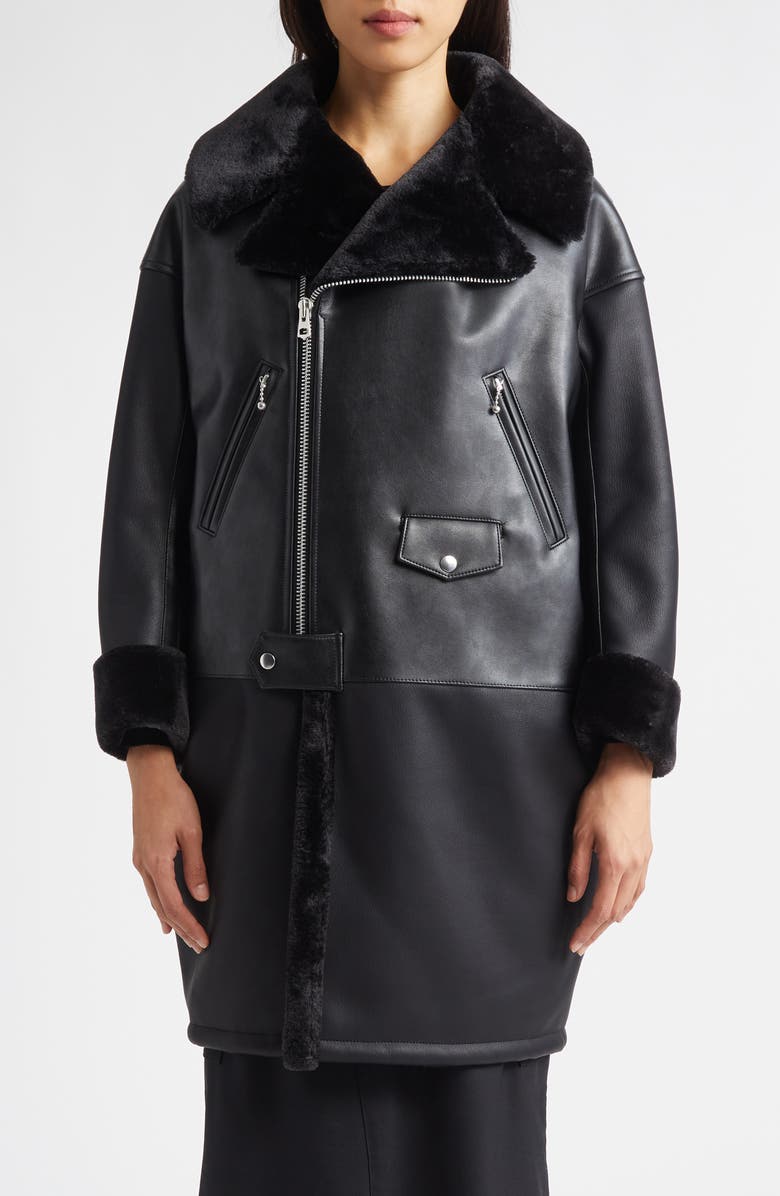 Junya Watanabe Faux Leather & Faux Fur Coat, Main, color, Black X Black