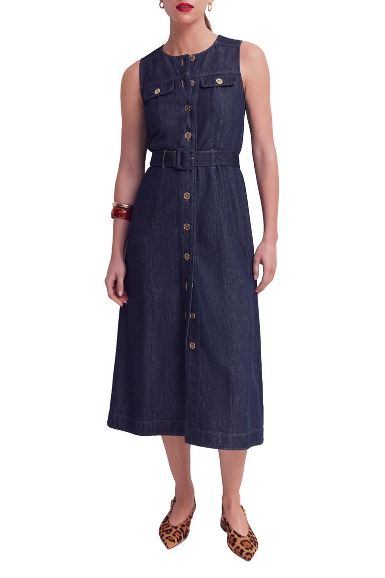 Belted Sleeveless Denim Midi Dress, Main, color, INDIGO
