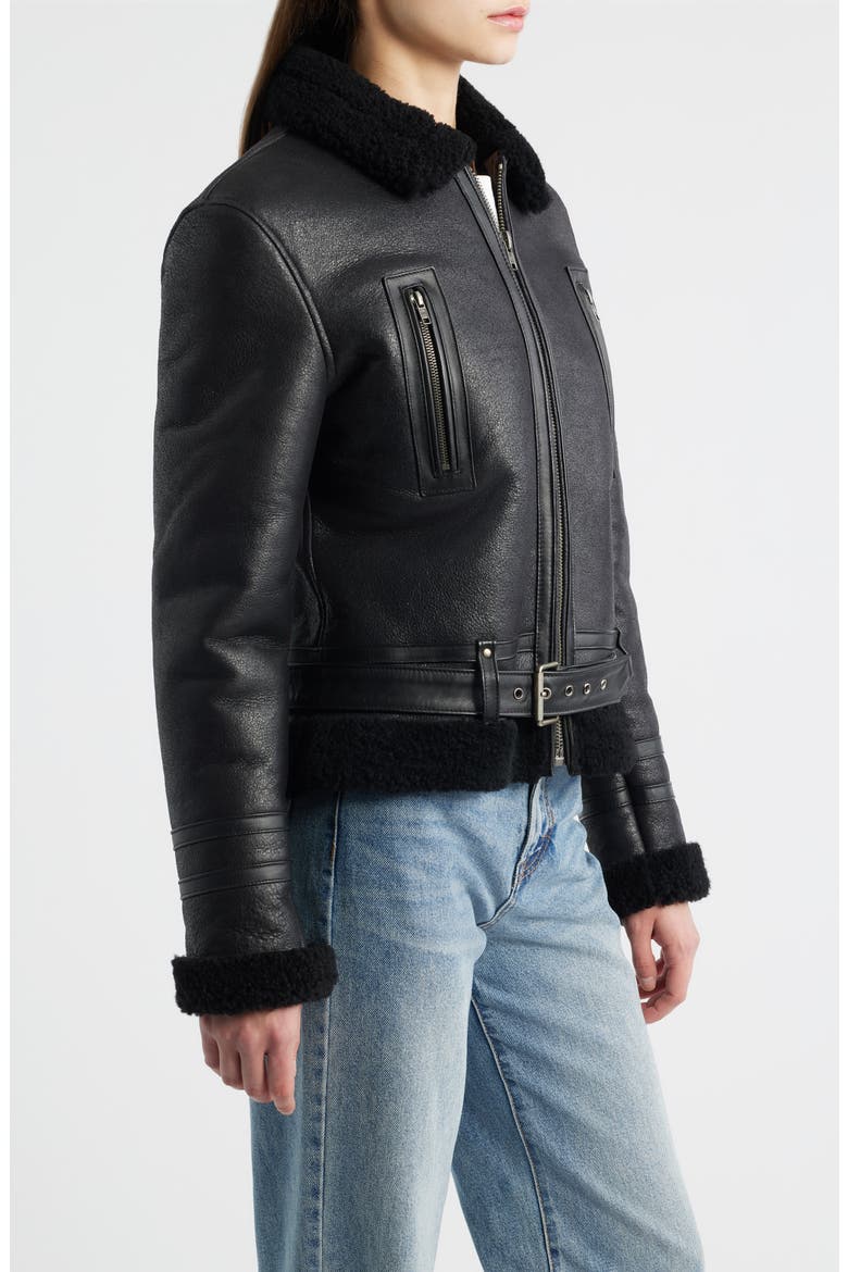 Leather Jacket with Genuine Shearling Trim, Alternate, color, BLACK
