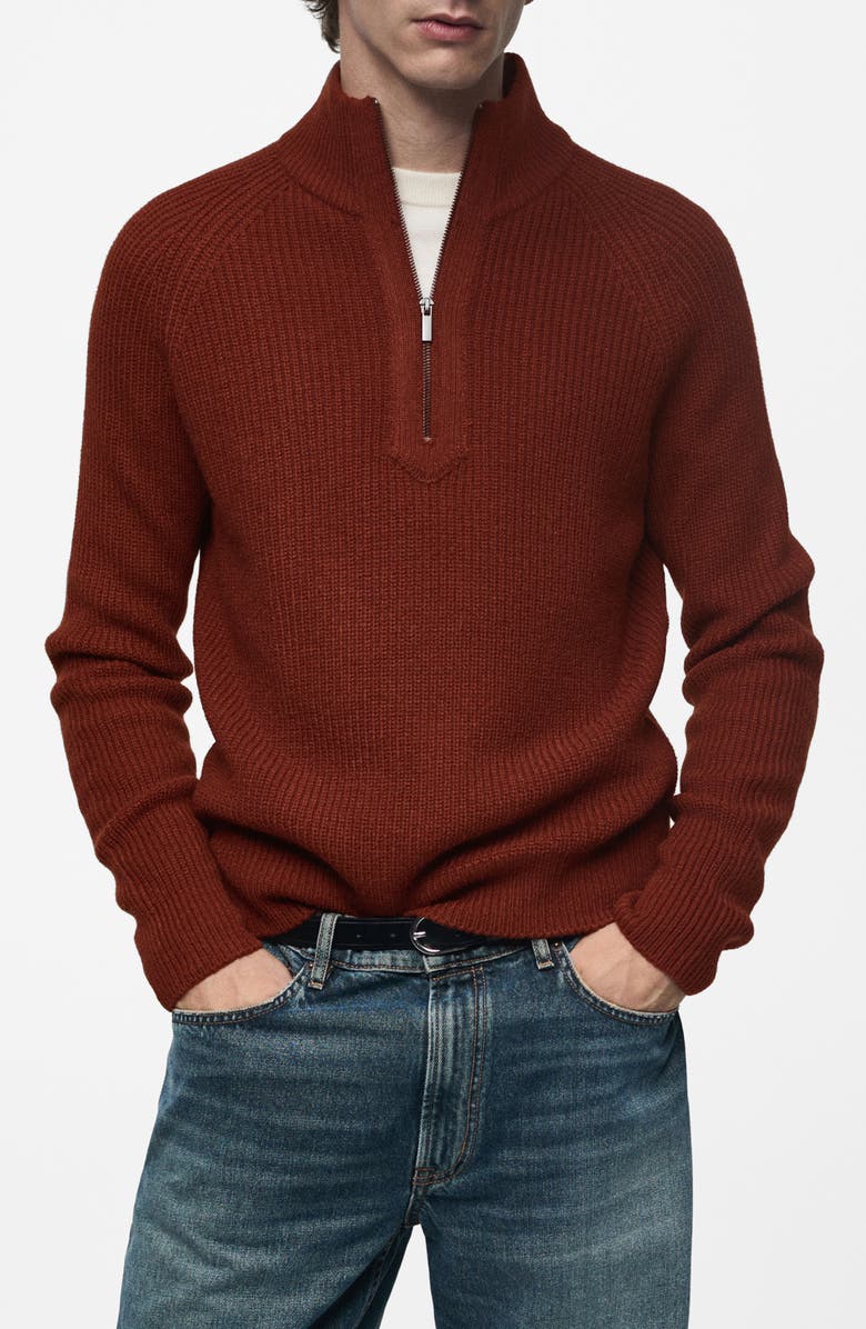 MANGO Perkins Ribbed Quarter Zip Sweater, Main, color, 