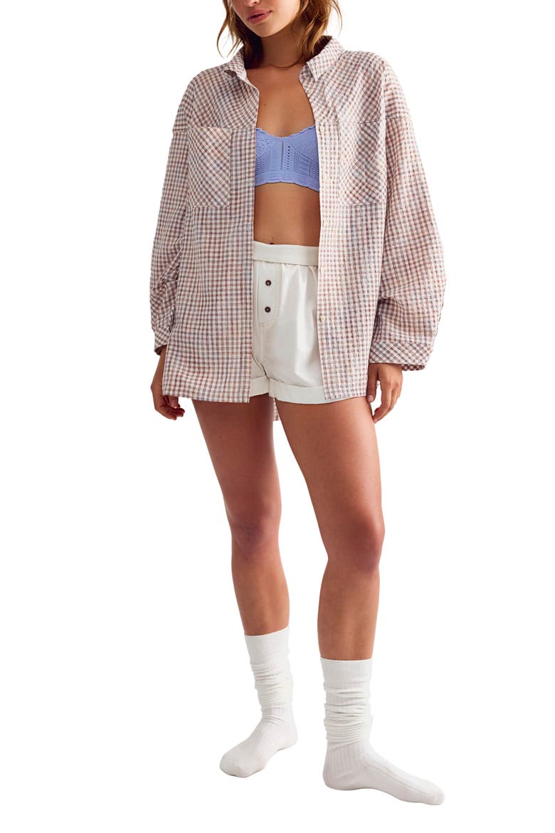 Cross My Heart Plaid Seersucker Sleep Shirt, Alternate, color, IVORY COMBO