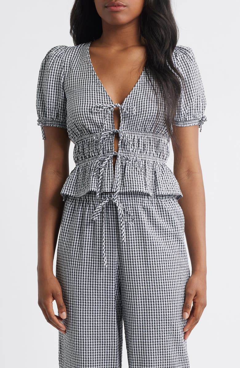WAYF x Styled by COCO! Nina Gingham Seersucker Tie Front Top, Main, color, Black Seersucker