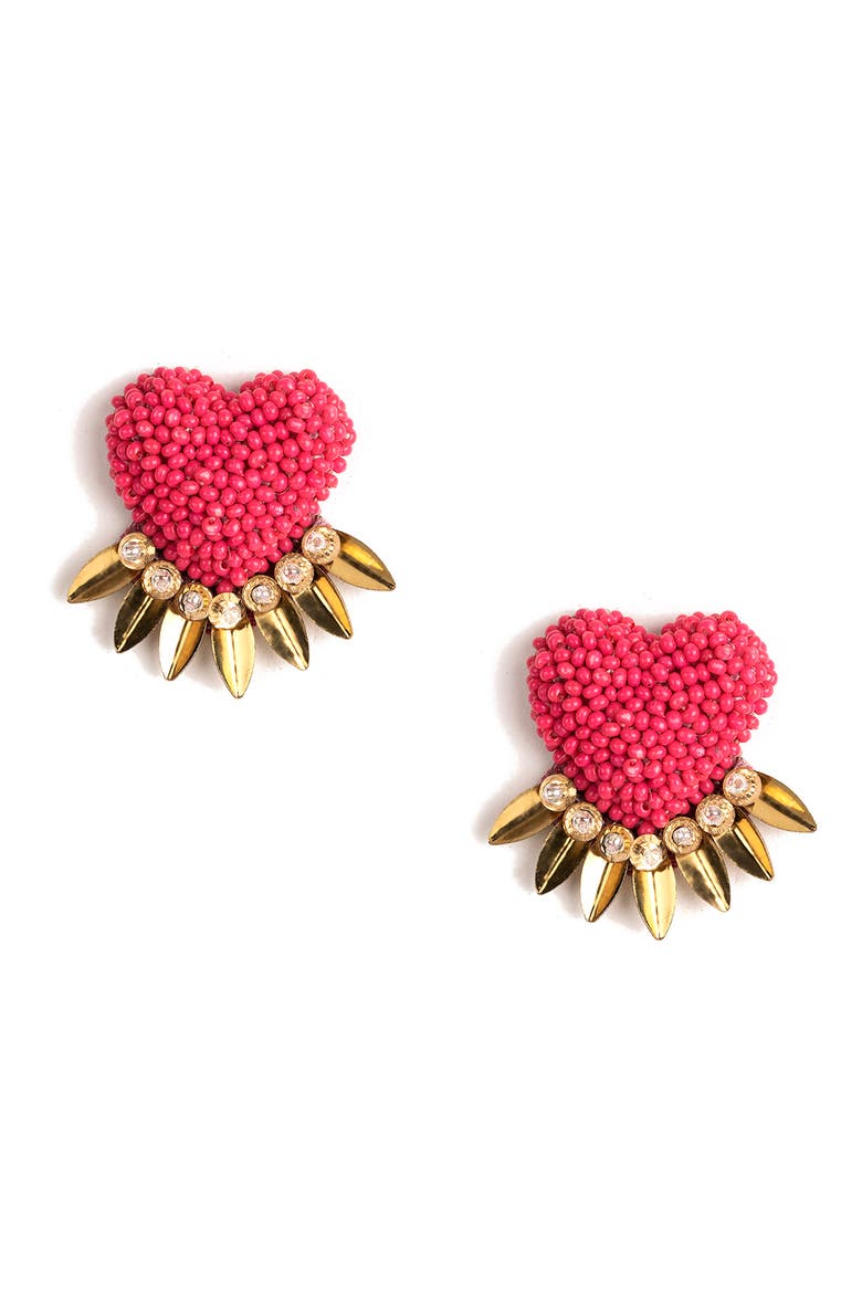Danika Beaded Fringe Heart Stud Earrings, Main, color, HOT PINK