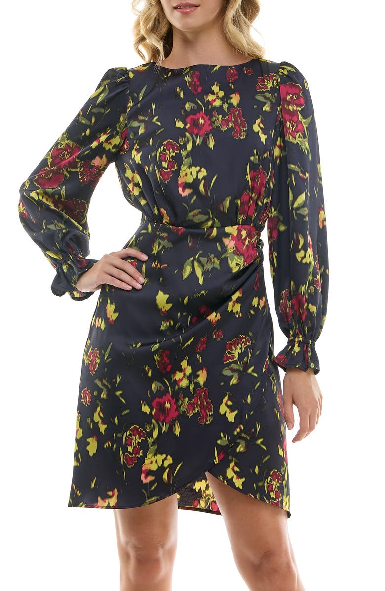 Nicole Miller Floral Faux Wrap Minidress, Alternate, color, Deep Navy Print