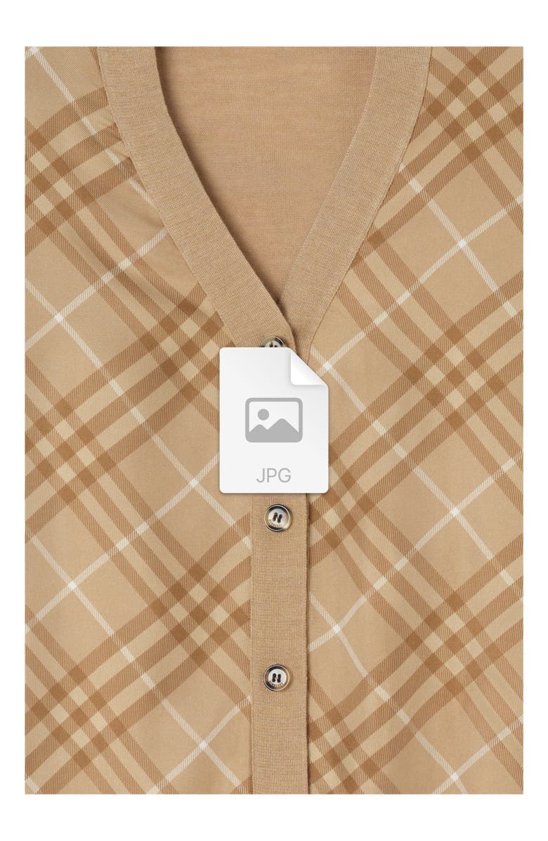 Burberry Check Panel Wool Silk Cardigan, Alternate, color, Camel