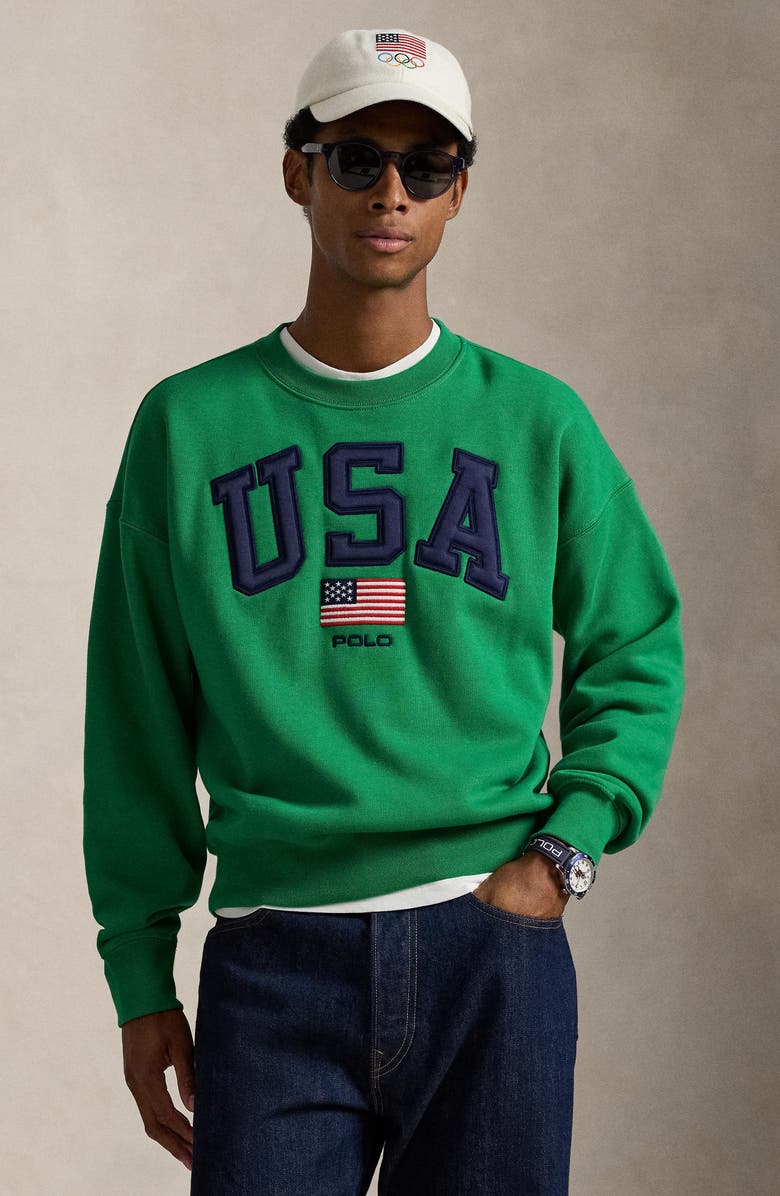 Polo Ralph Lauren Vintage Fit Flag Fleece Crewneck Sweatshirt, Alternate, color, Billard Green