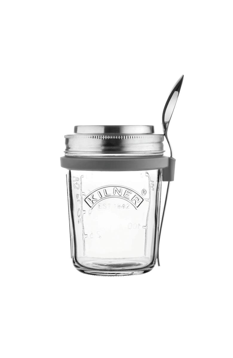 Kilner Parfait 
Overnight Oats Jar Set, 350ml Glass Breakfast Jar with Spoon, Main, color, Clear
