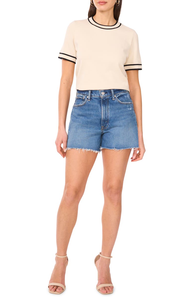Vince Camuto Contrast Trim Short Sleeve Sweater, Alternate, color, Almond