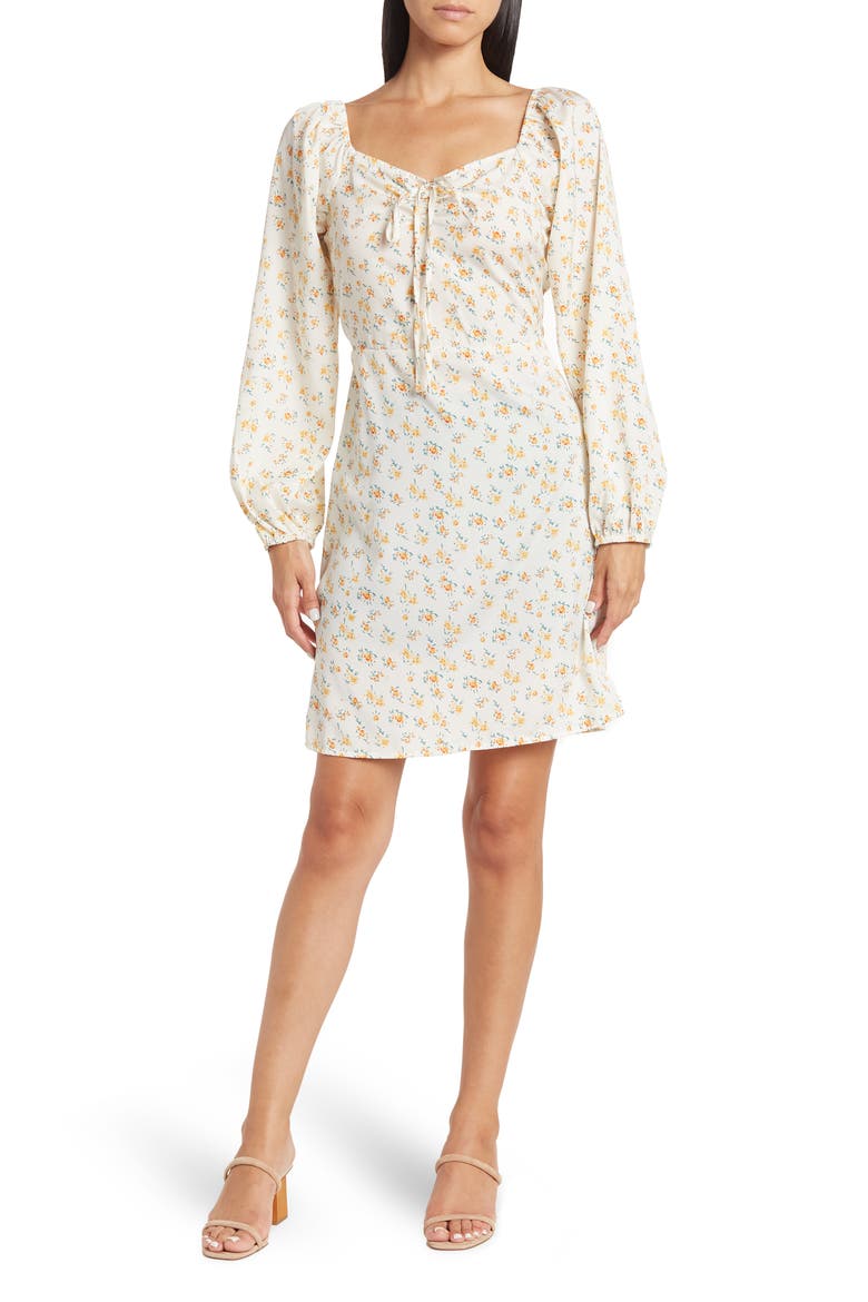 Printed Long Puff Sleeve A-Line Dress, Main, color, IVORY/ MULTI