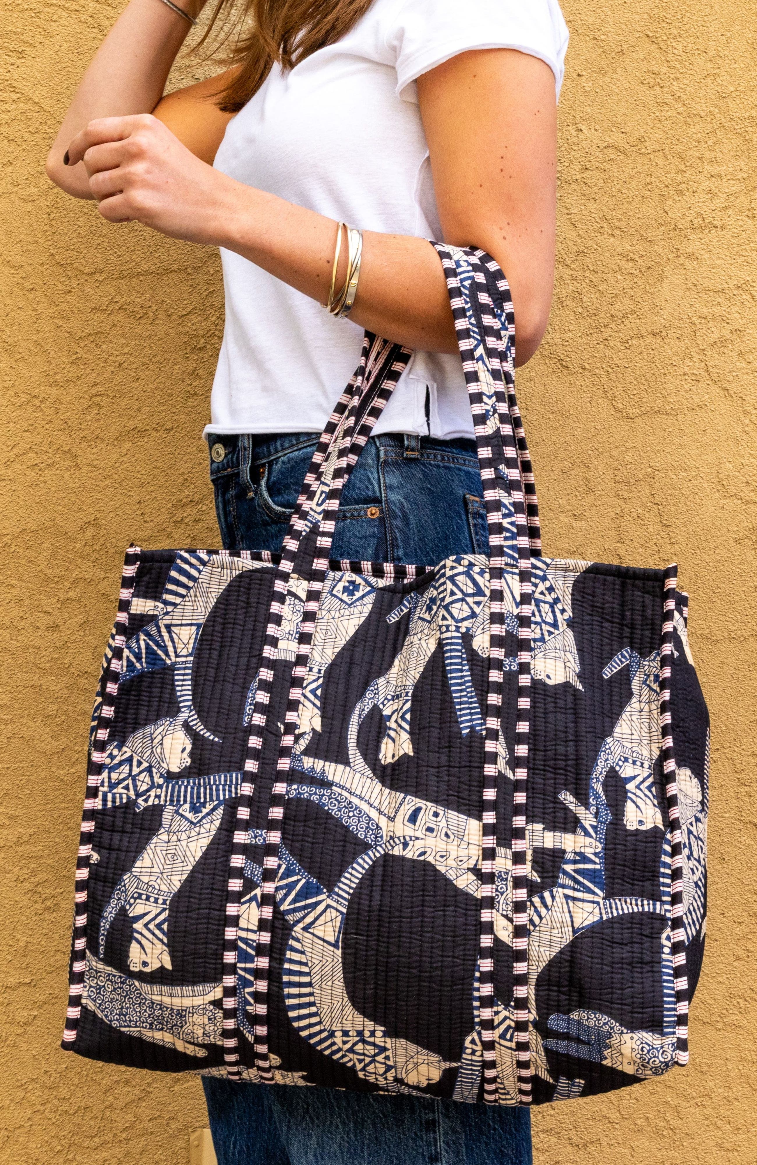 Quilted Feline Tote, Alternate, color, Navy Blue
