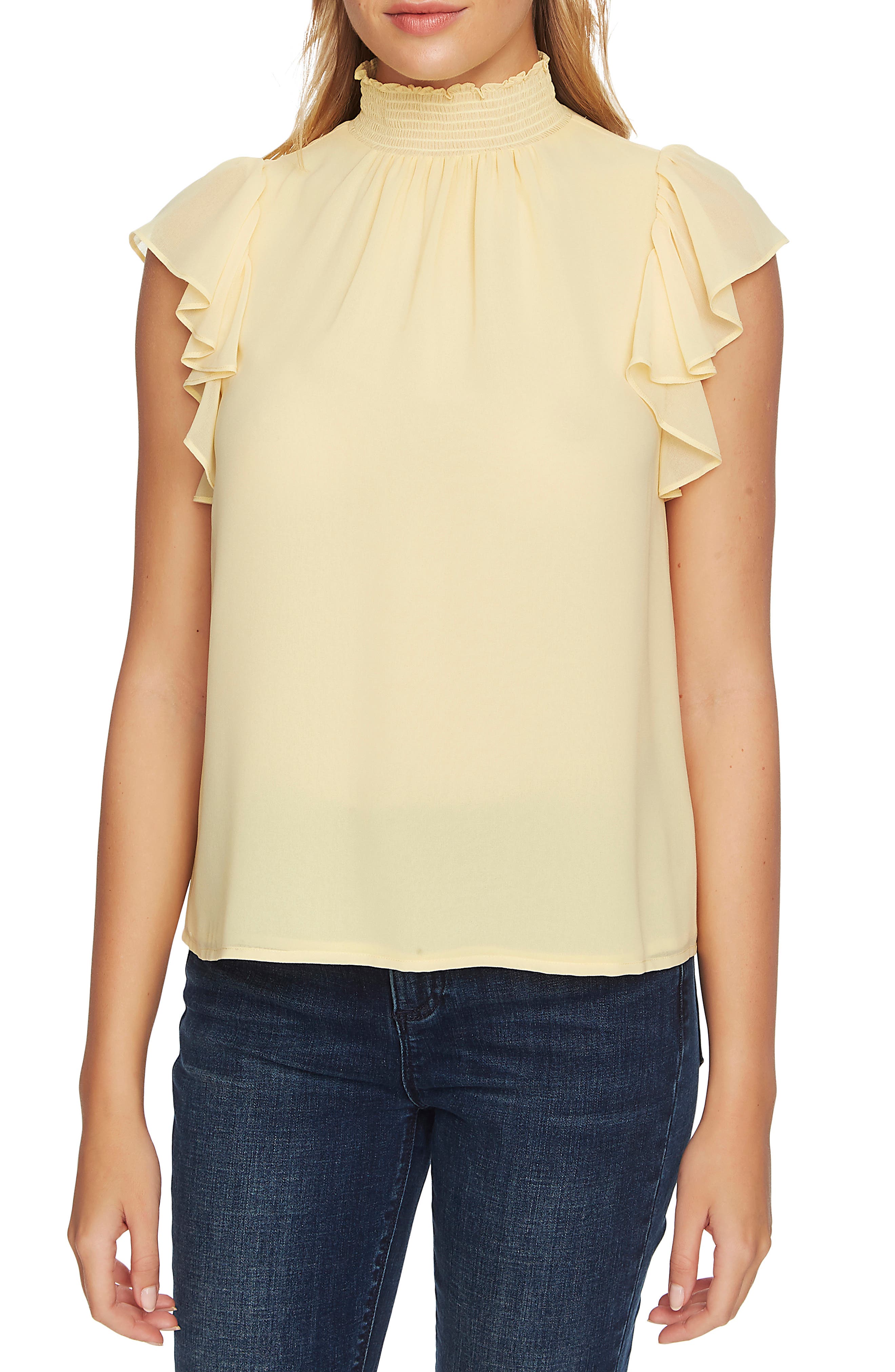 Flutter Sleeve Smocked Neck Blouse