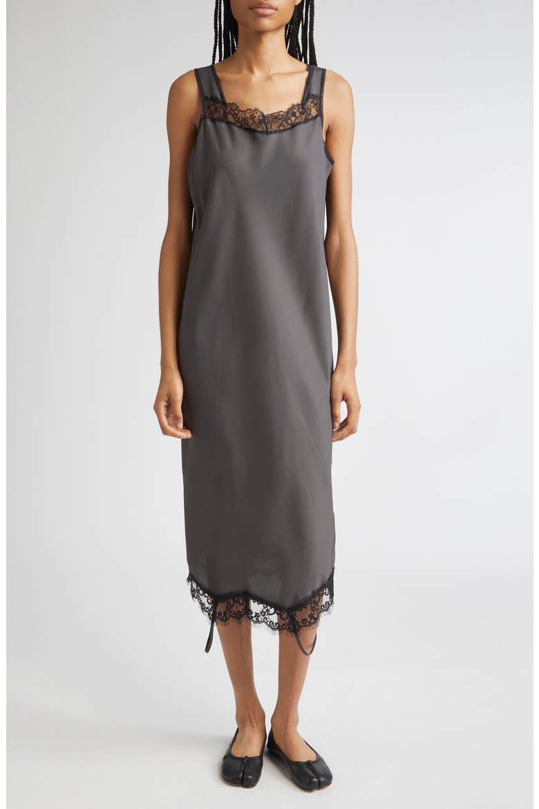 Convertible Lace Trim Satin Midi Dress, Main, color, ANTHRACITE
