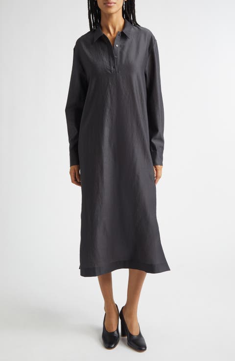 Espon Long Sleeve Wool & Silk Midi Shirtdress