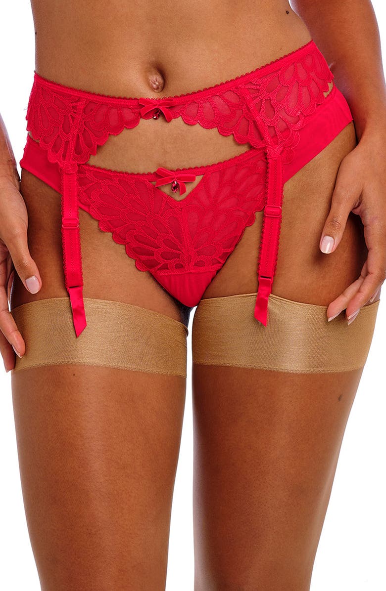 Freya Loveland Embroidered Mesh Garter Belt, Main, color, Bombshell Chilli Red