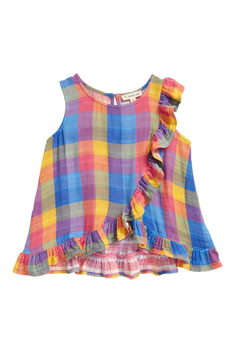 Kids' Plaid Ruffle Tank, Main, color, PINK SHOCK PLAID