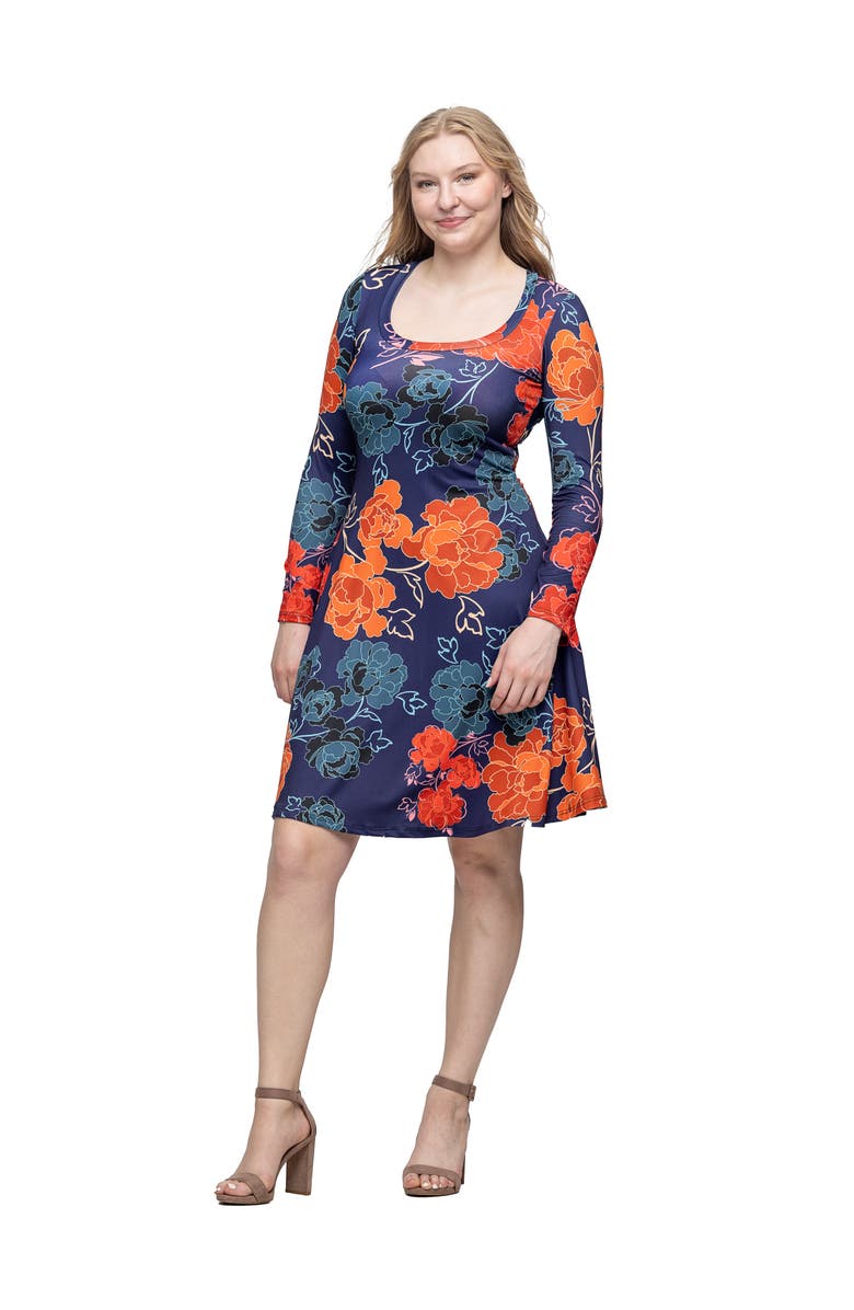 24seven Comfort Apparel Floral Print Long Sleeve Knee Length Dress, Alternate, color, Navy Multi
