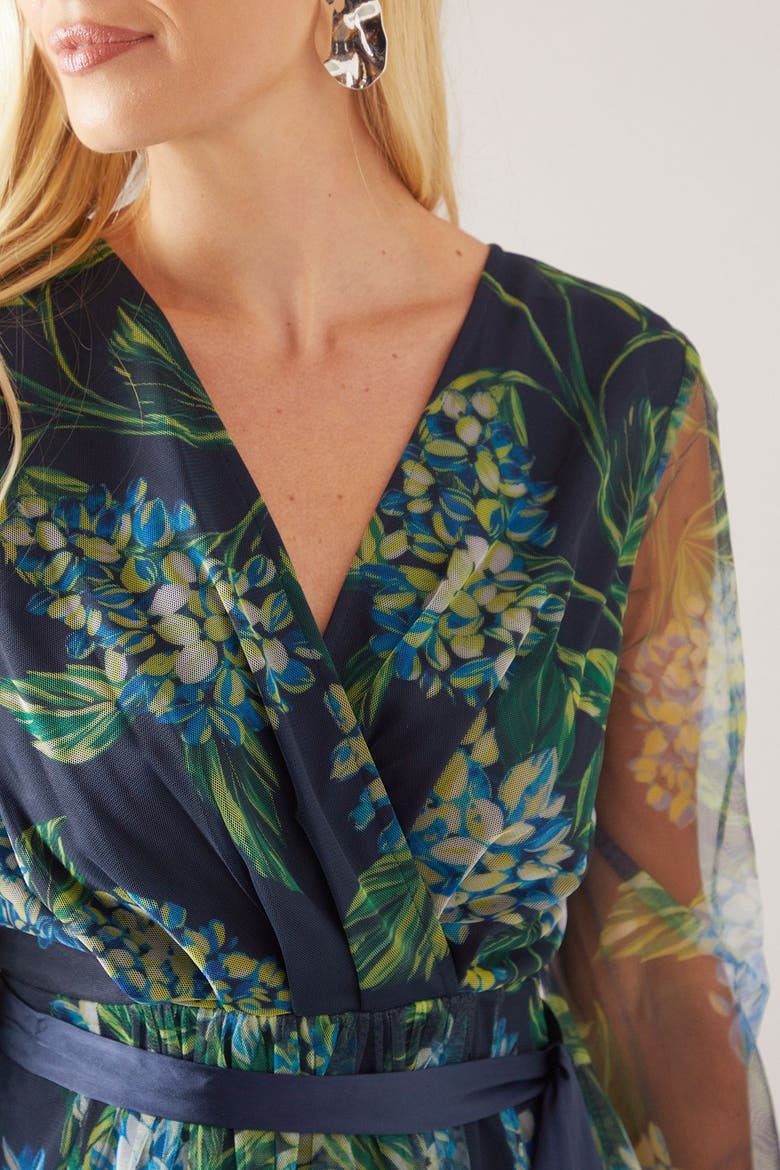 Petite Floral Mesh Satin Tie Midi Dress, Alternate, color, Navy