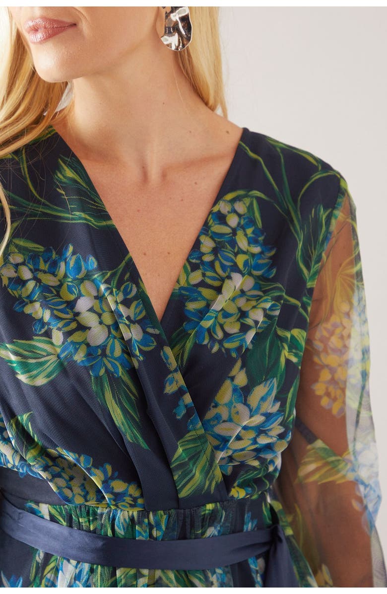 Wallis Petite Floral Mesh Satin Tie Midi Dress, Alternate, color, Navy