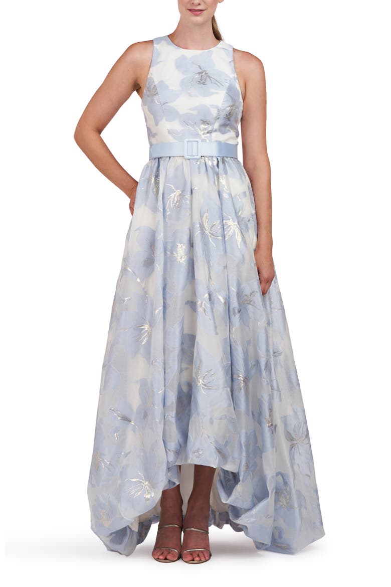 Vivian Metallic Floral Print Sleeveless High/Low Gown, Main, color, PALE BLUE/ IVORY