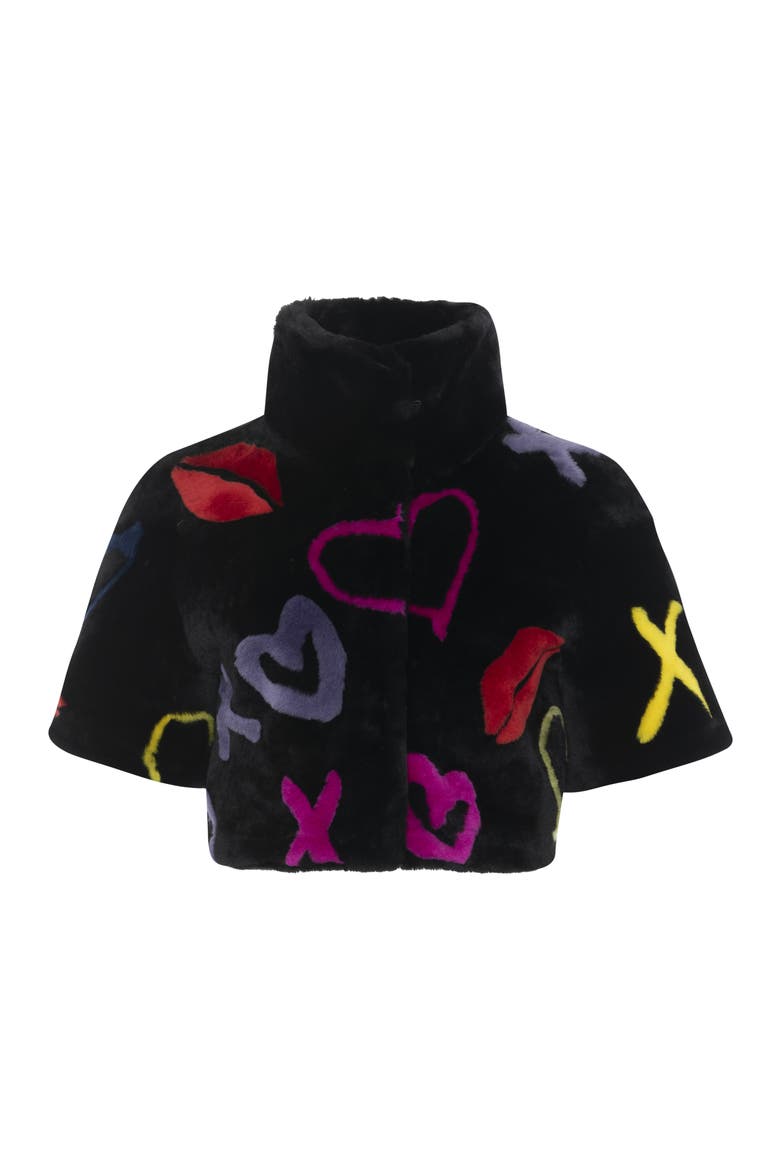 Reversible Genuine Shearling XO Intarsia Bolero with Cropped Sleeves, Alternate, color, BLACK/XO MULTI