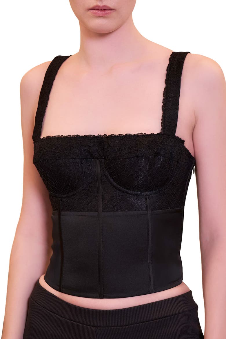 Daydreamers Satin Corset With Lace Detail, Alternate, color, BLACK