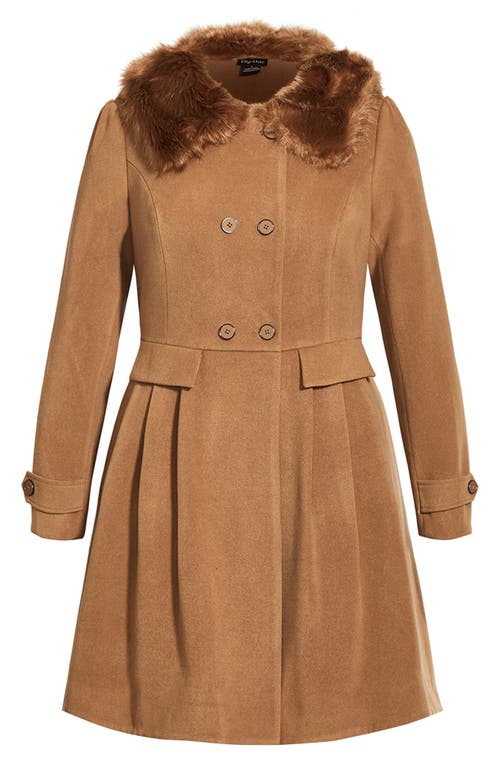 City Chic Grandiose Coat With Faux Fur Collar In Brown
