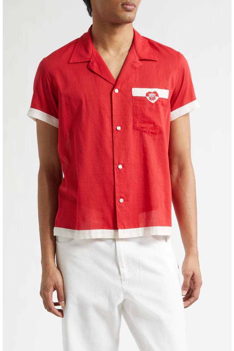 Heart Deco Cotton Voile Camp Shirt, Main, color, RED WHITE