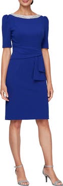 Alex Evenings Crystal Detail Stretch Crepe Cocktail Sheath Dress