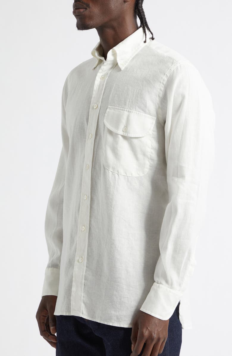 Drake's Curved Flap Linen Button-Down Shirt, Alternate, color, White