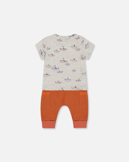 Deux Par Deux Baby Boy's Organic Cotton Top And Muslin Pant Set Little Paper Boats And Terracotta In Heather Grey Little Paper Boat
