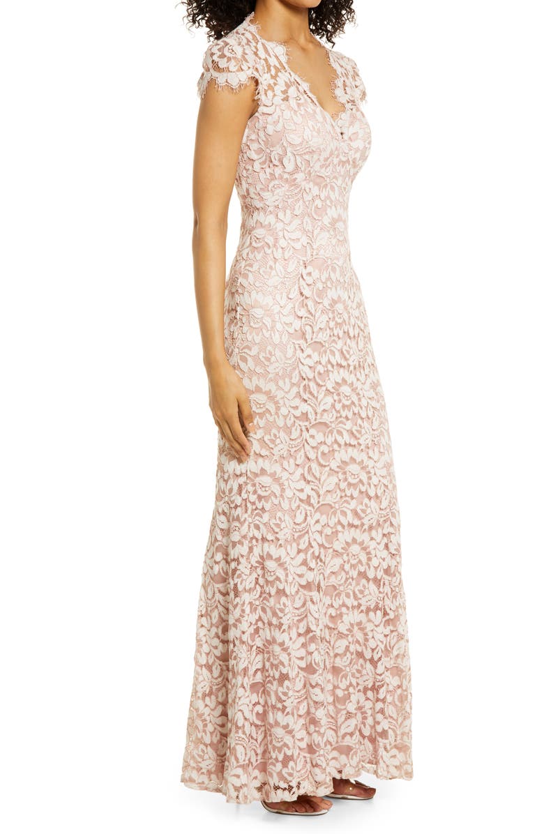 Eliza J Illusion Yoke Lace Trumpet Gown, Alternate, color, Blush