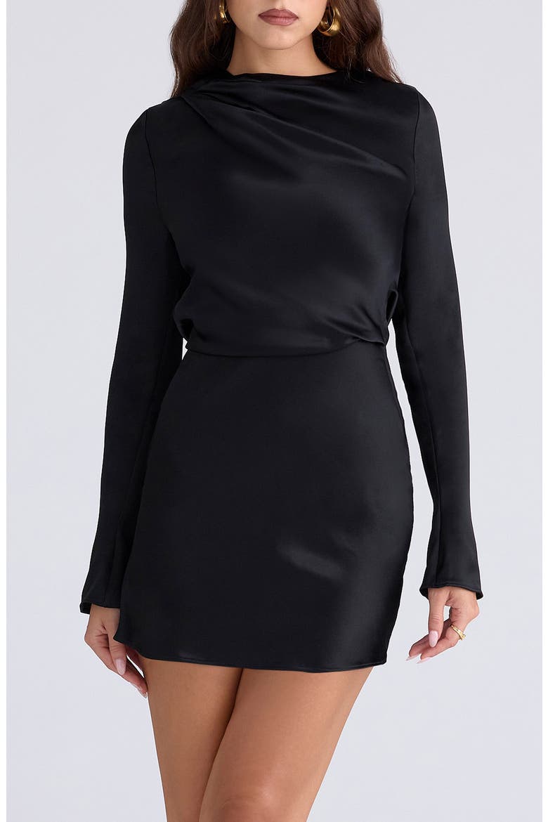 Mariska Open Back Long Sleeve Satin Cocktail Minidress, Alternate, color, BLACK