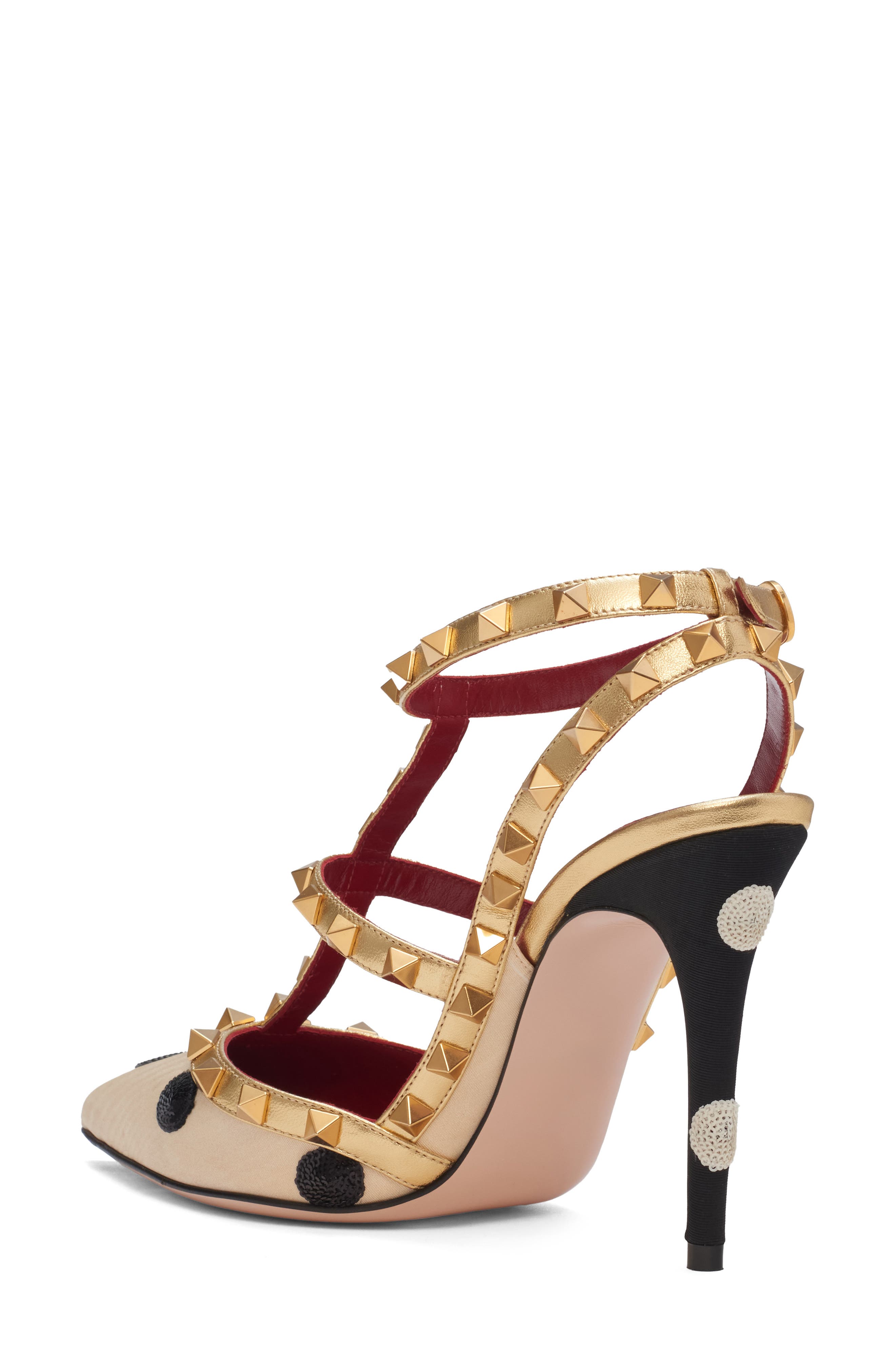 Valentino Garavani Rockstud Sequin Polka Dot Satin Ankle Strap Pump, Alternate, color, Butter/ Black