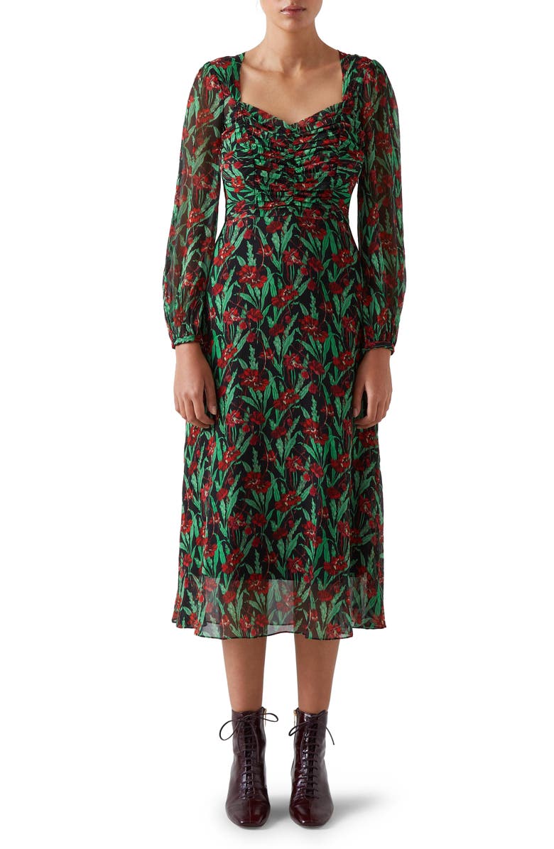 LK Bennett Mertyl Floral Long Sleeve Silk Midi Dress, Main, color, 